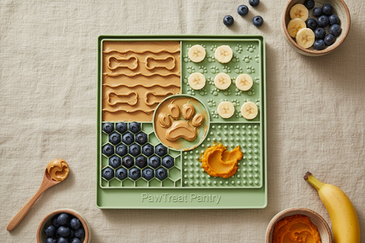 PawTreat Pantry sage green silicone lick mat filled with peanut butter, banana slices, blueberries, and pumpkin puree on a beige linen surface with fresh ingredients around it