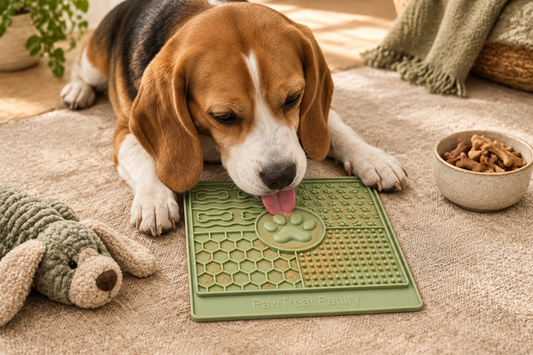 Happy dog using a PawTreat Pantry sage green silicone lick mat in a warm home setting.