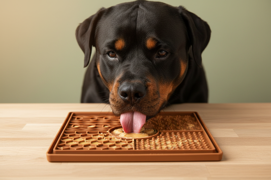 Rottweiler dog licking a brown silicone PawTreat Pantry lick mat on a natural wood surface